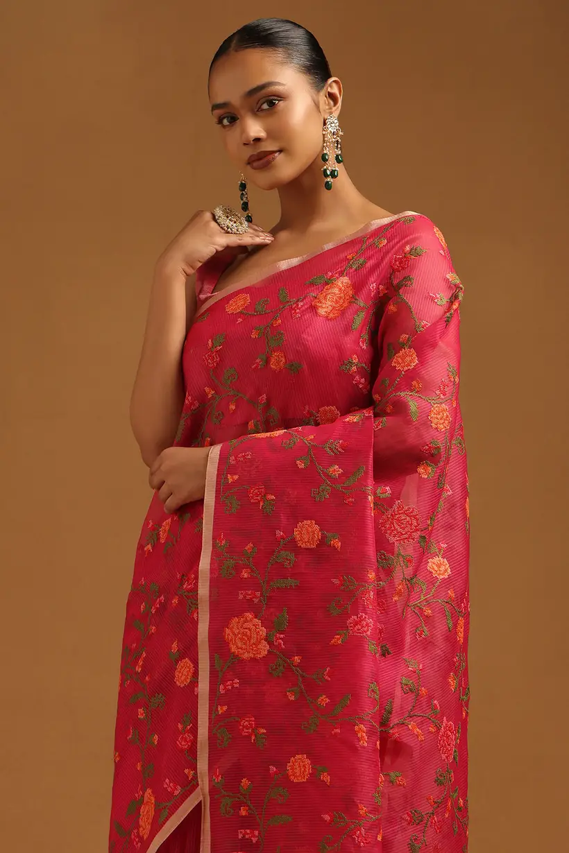 Fuchsia Kota Floral Embroidered Saree